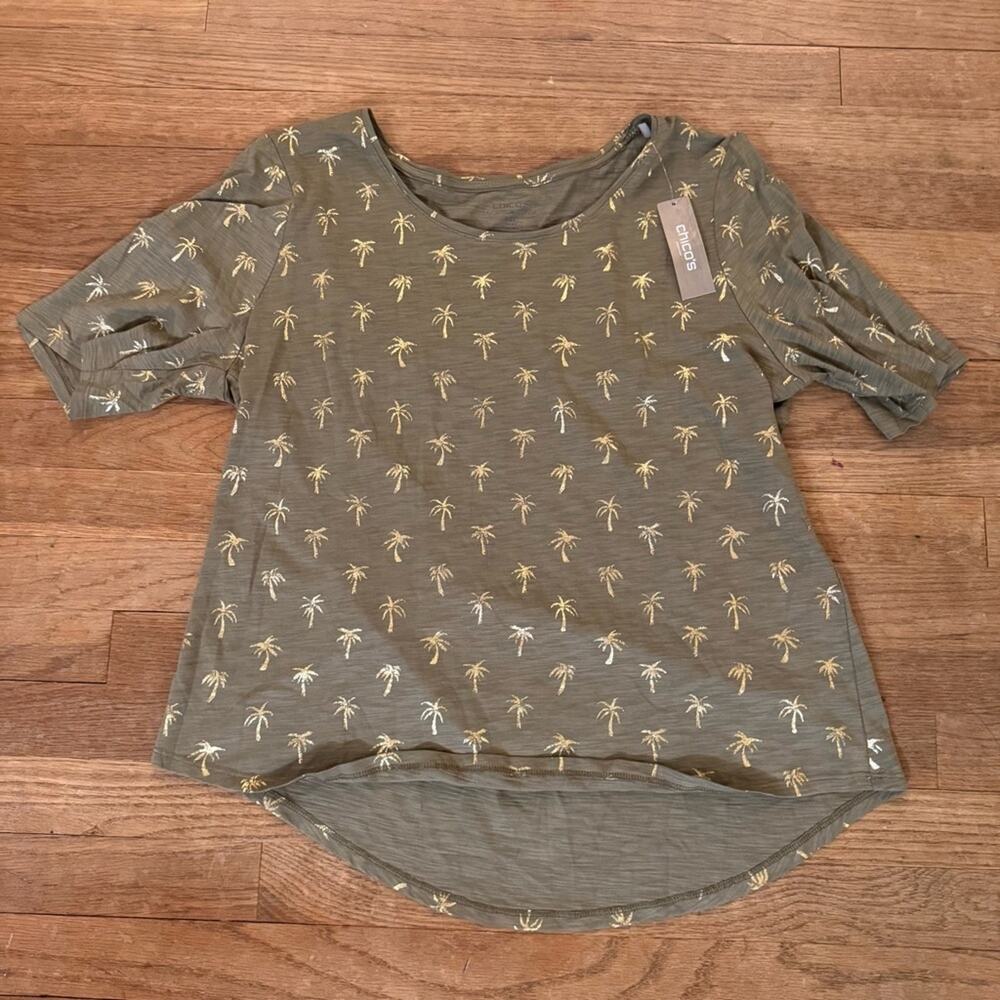 NWT Chico's green gold palm print elbow sleeve basic knit T-shirt top sz 12
b61